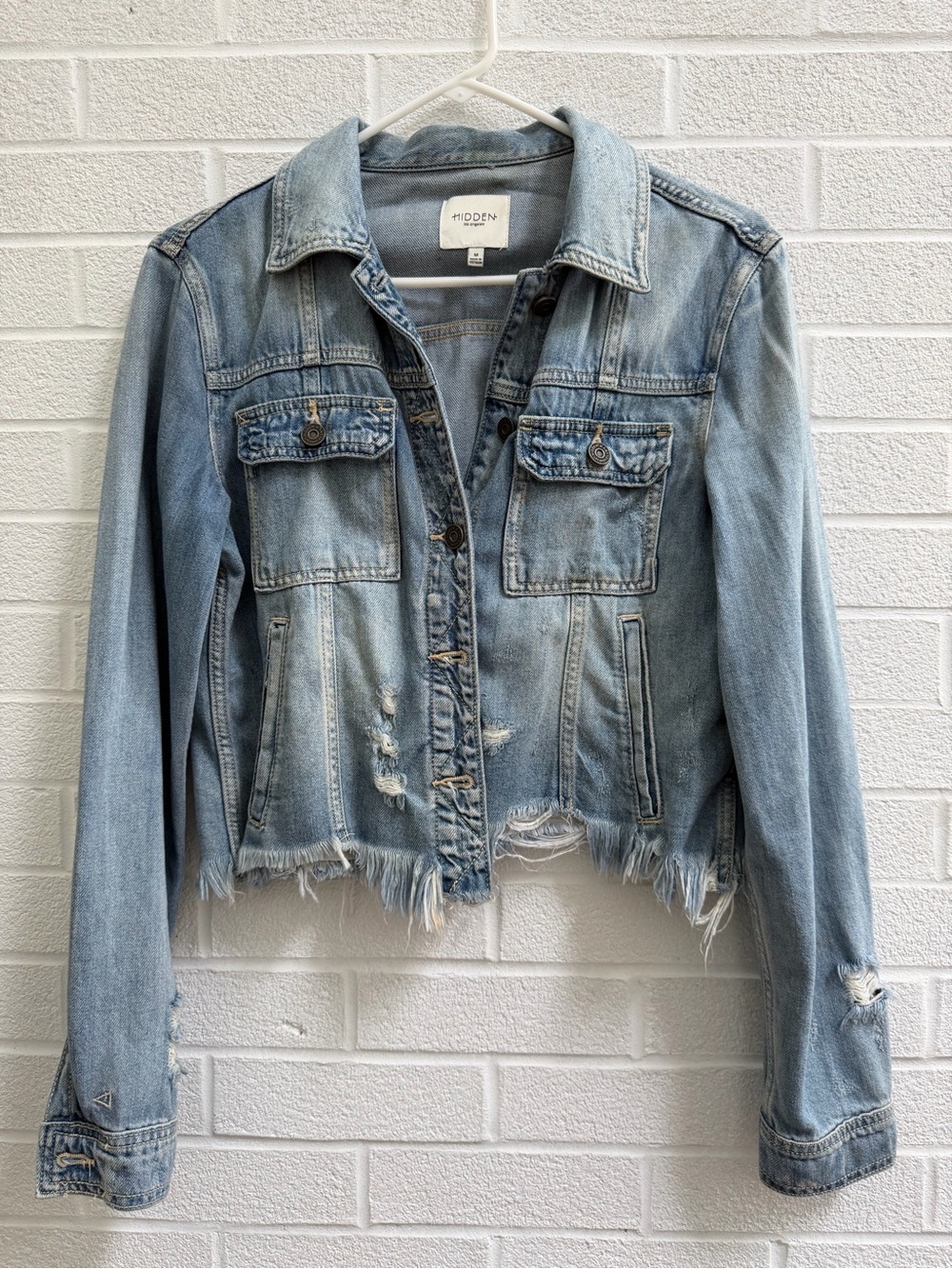 Hidden Jeans Light Wash Distressed Cropped Denim Jacket - Light Blue